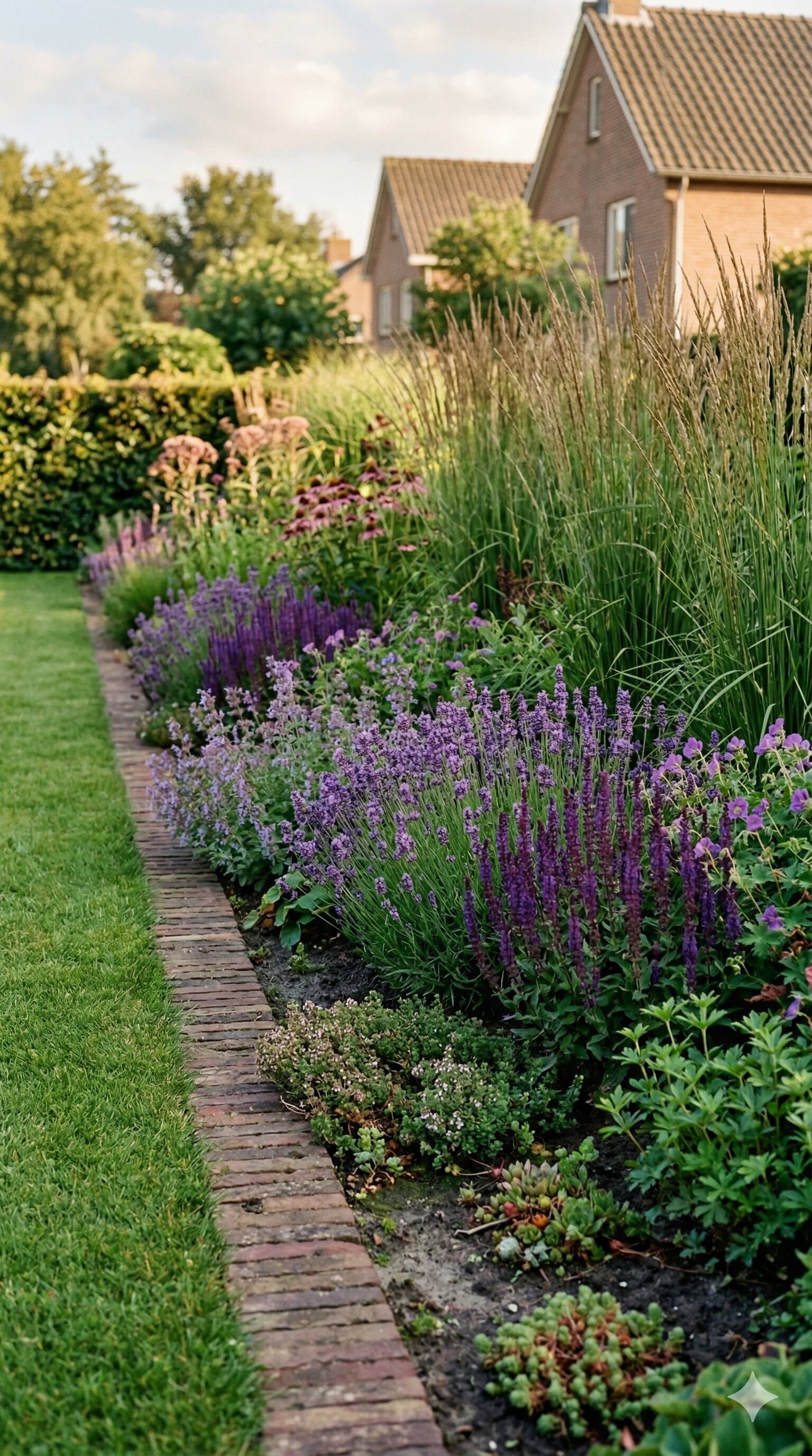 Verzorgde border met bloeiende planten in een tuin